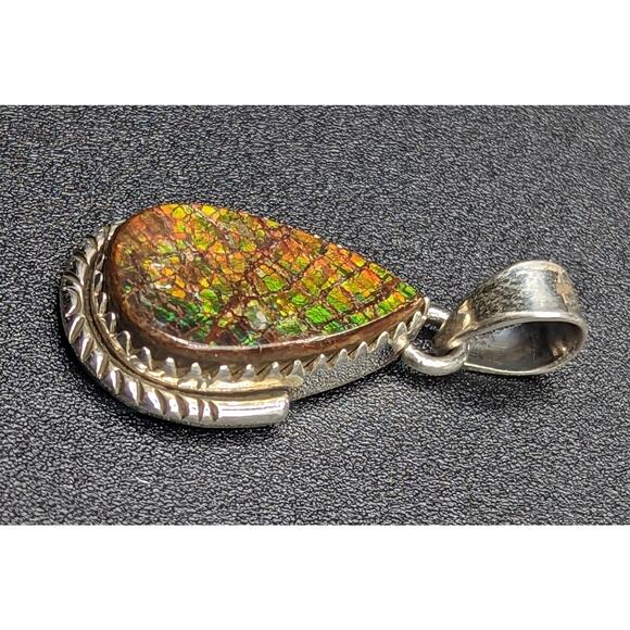 Colorful Ammolite Fossil Dragon Scale Teardrop Sterling Silver Pendant *Read* - Picture 4 of 14